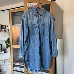 GAP Classic Denim Oversized Long Button-Up in Light Blue